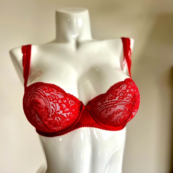 Vintage Lou from Paris, France, Satin & Lace Underwire Red Bra NWT - Picture 2 of 13